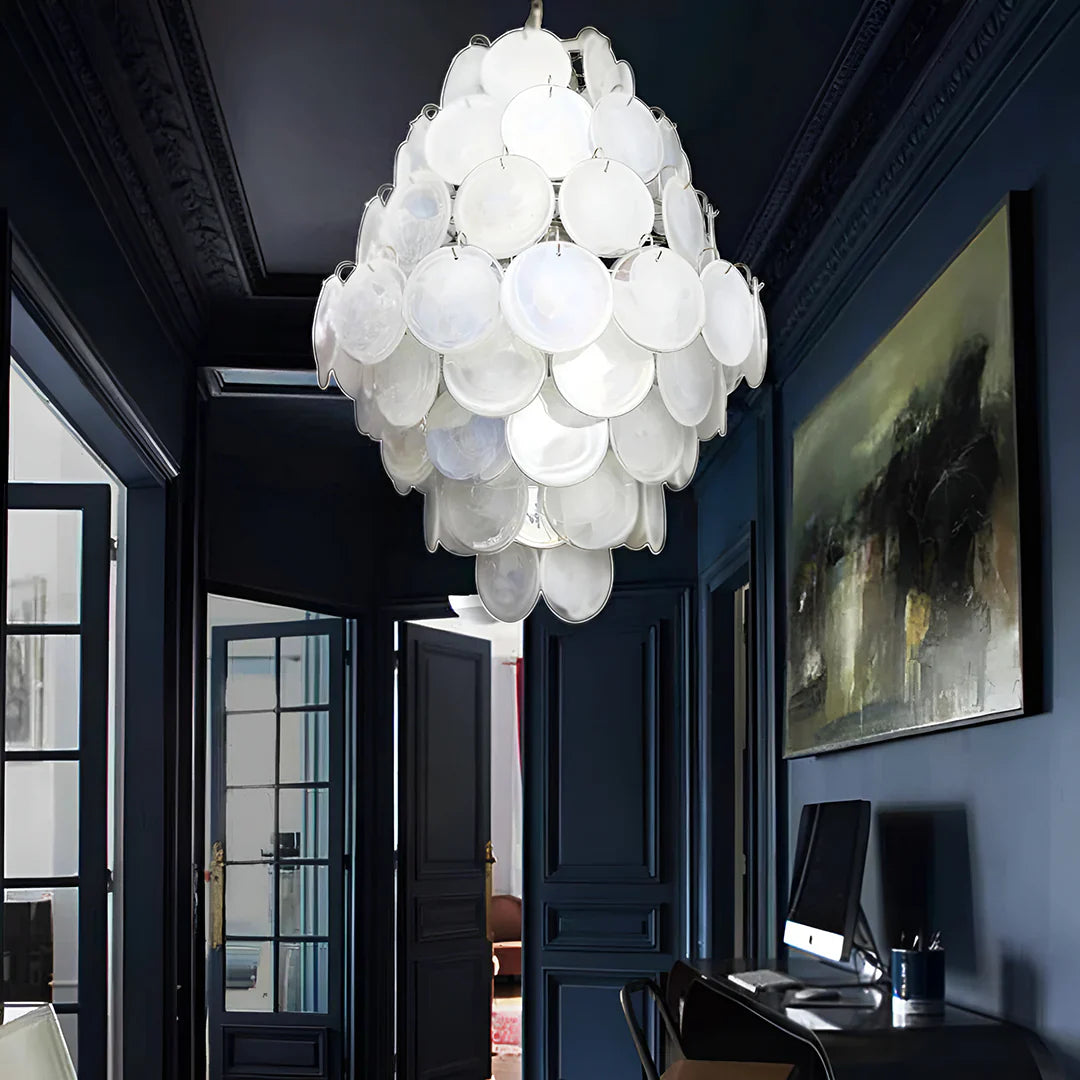Huge Vintage Murano White Disks Chandelier material and finish detail