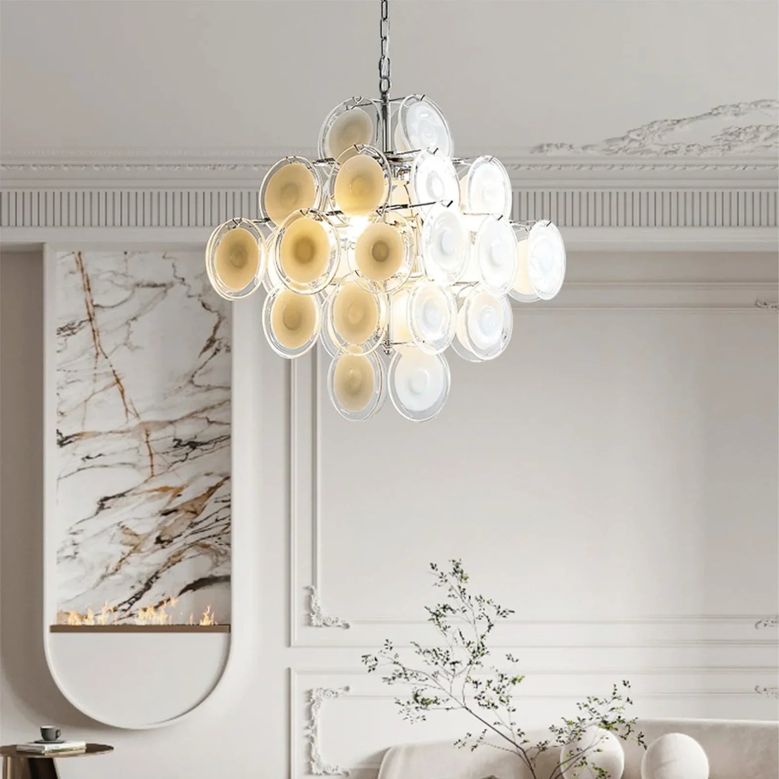Murano Disc White Clear Glass Chandelier detail view