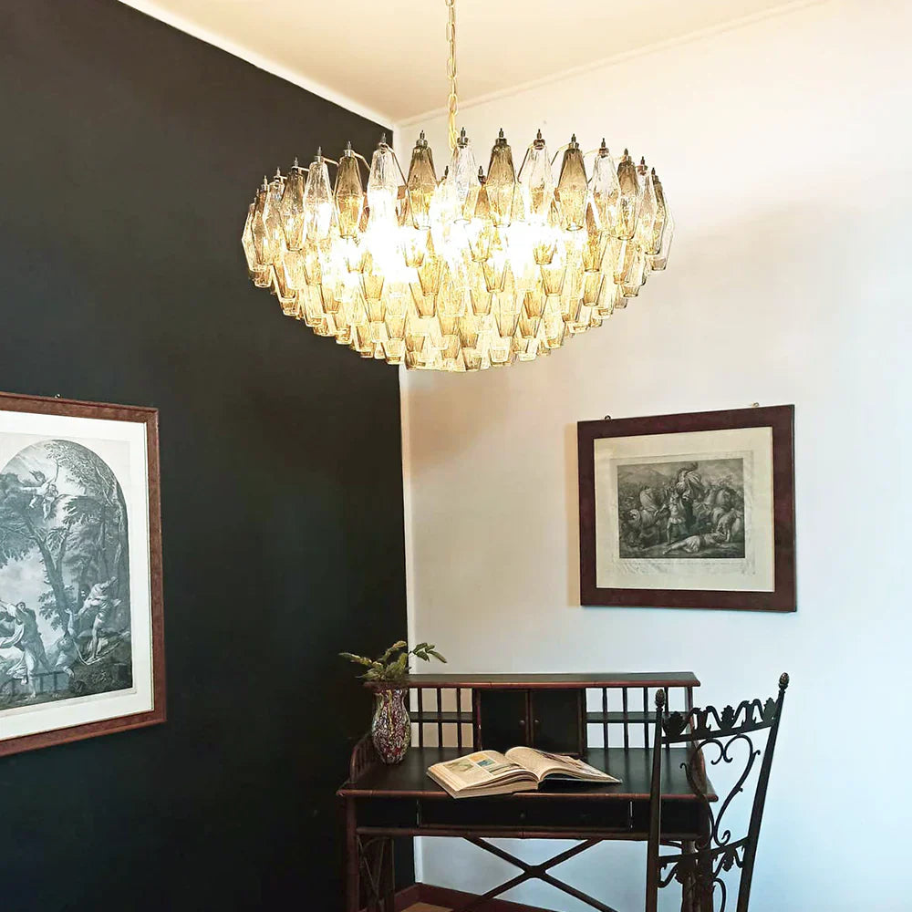 Murano Poliedri Faceted Transparent Smoked Glass Chandelier detail view