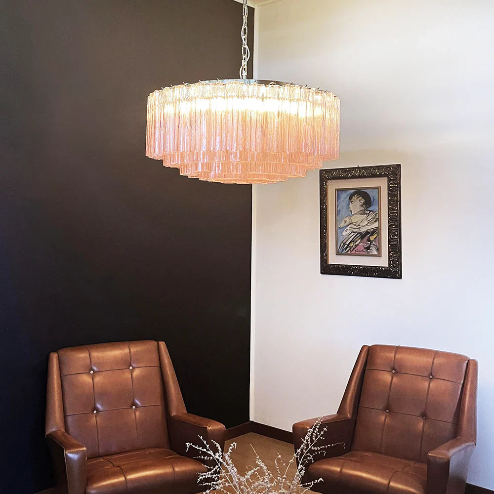 Murano Large Pink Glass Tube Chandelier detail view