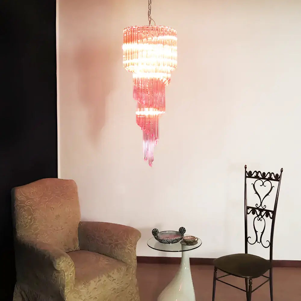 Murano Spiral Pink Prism Glass Chandelier detail view