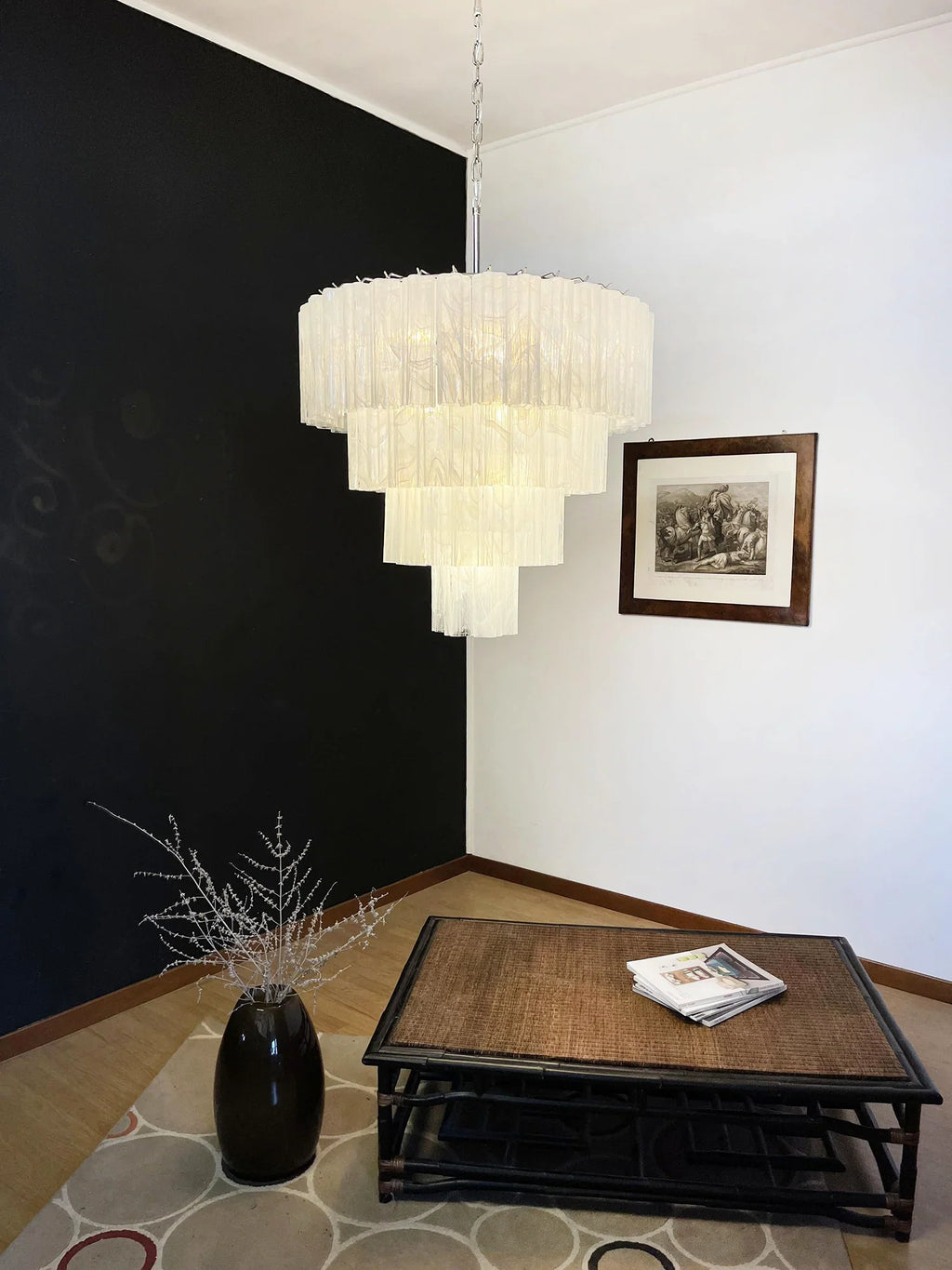 Murano White Glass Tubes Chandelier material and finish detail