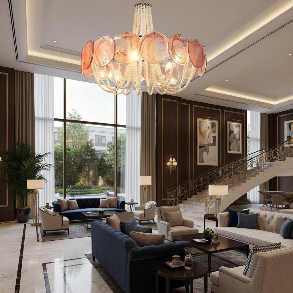 Murano Pink Disc Glass Chandelier material and finish detail