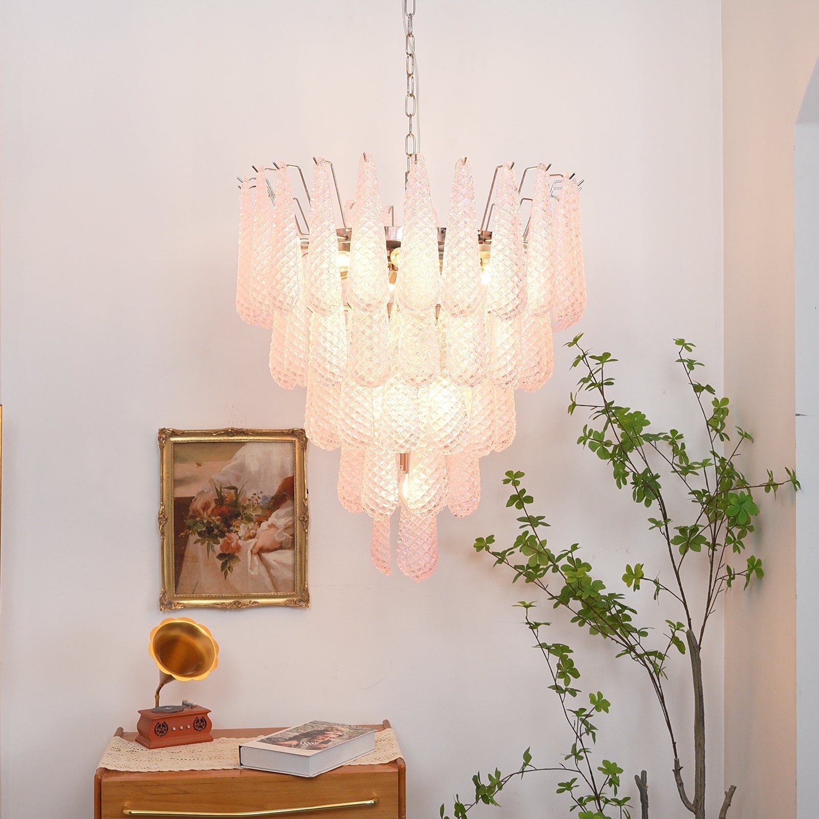 Modern Murano Pink Glass Dewdrop Chandelier additional product view