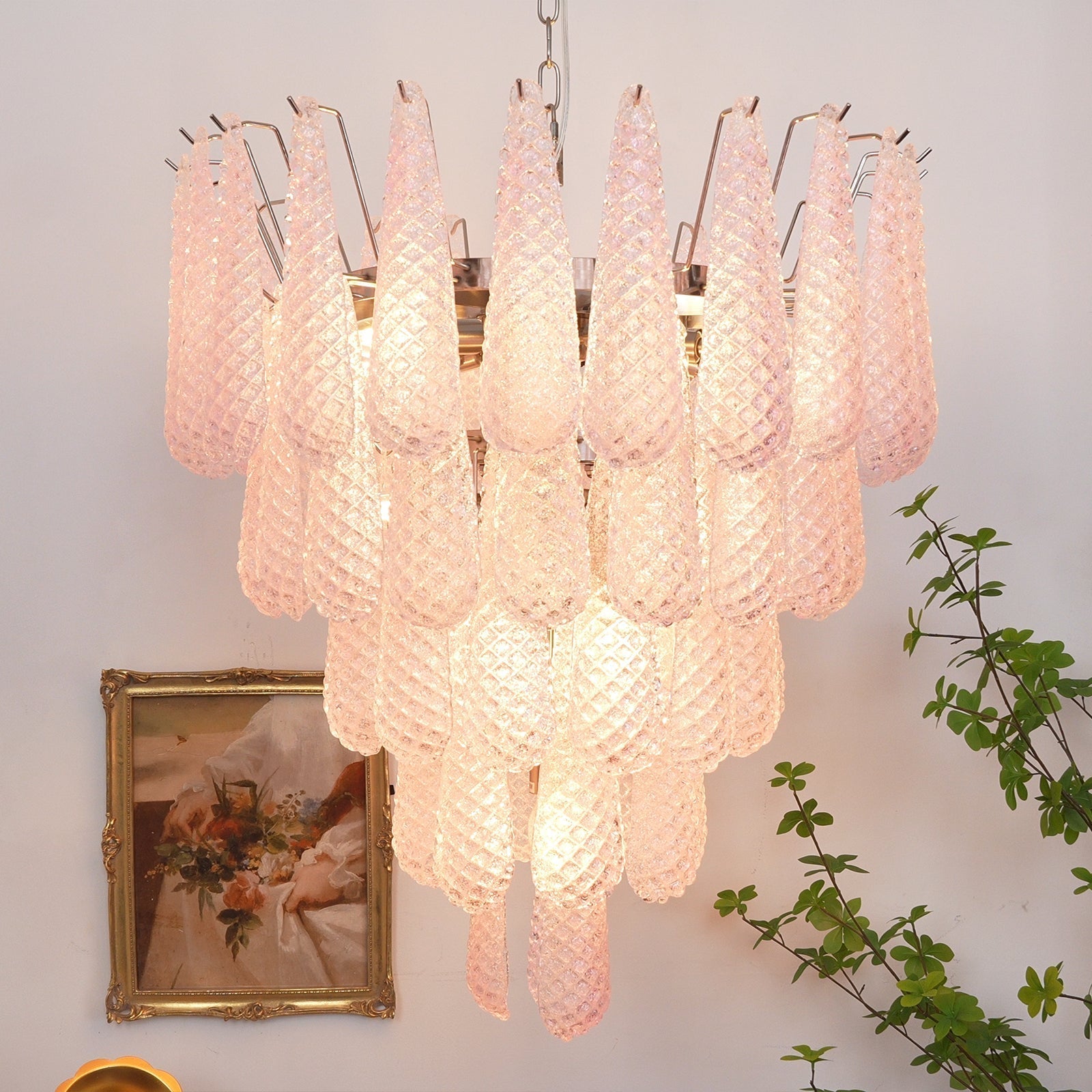Modern Murano Pink Glass Dewdrop Chandelier material and finish detail