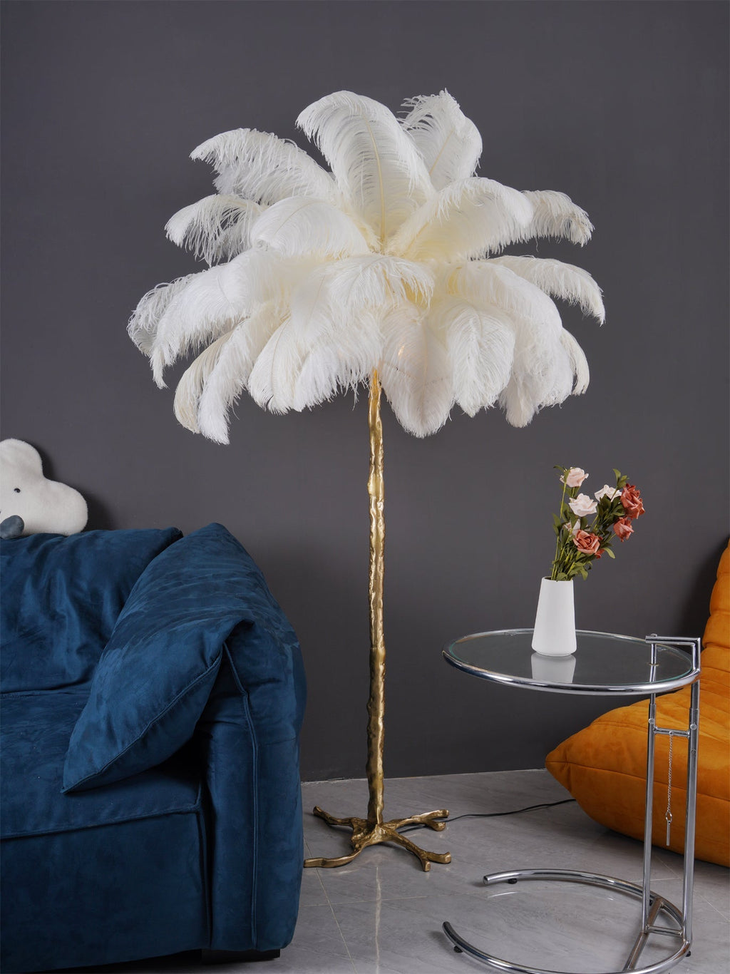 Ostrich Feather Brass Floor Lamp by Bling Lighting Studio