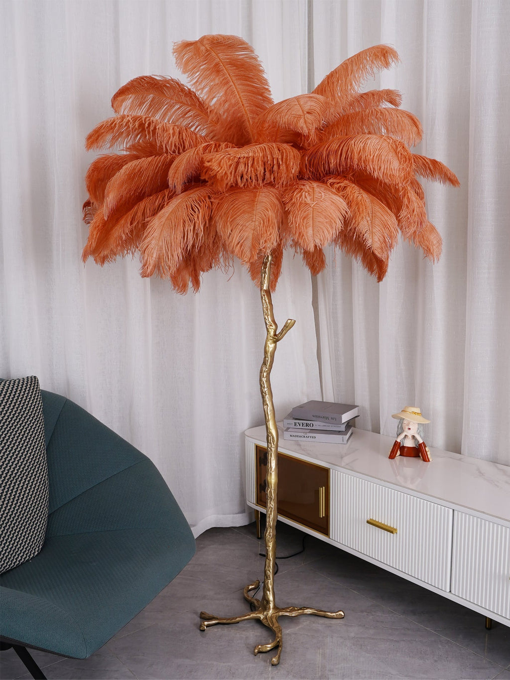 Ostrich Feather Brass Floor Lamp by Bling Lighting Studio