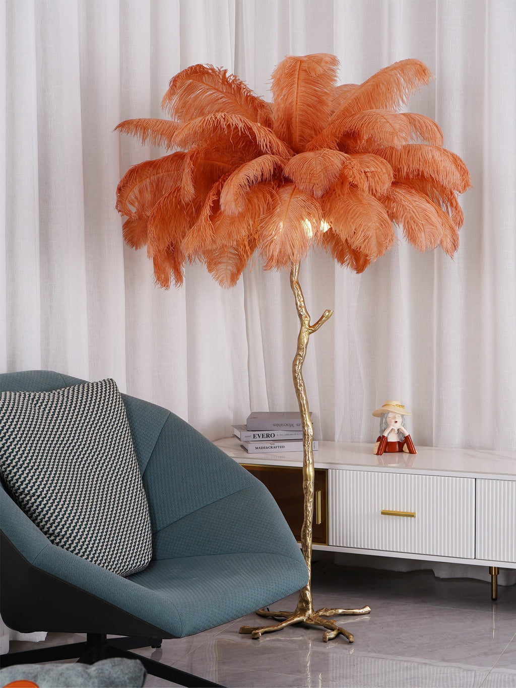 Ostrich Feather Brass Floor Lamp by Bling Lighting Studio