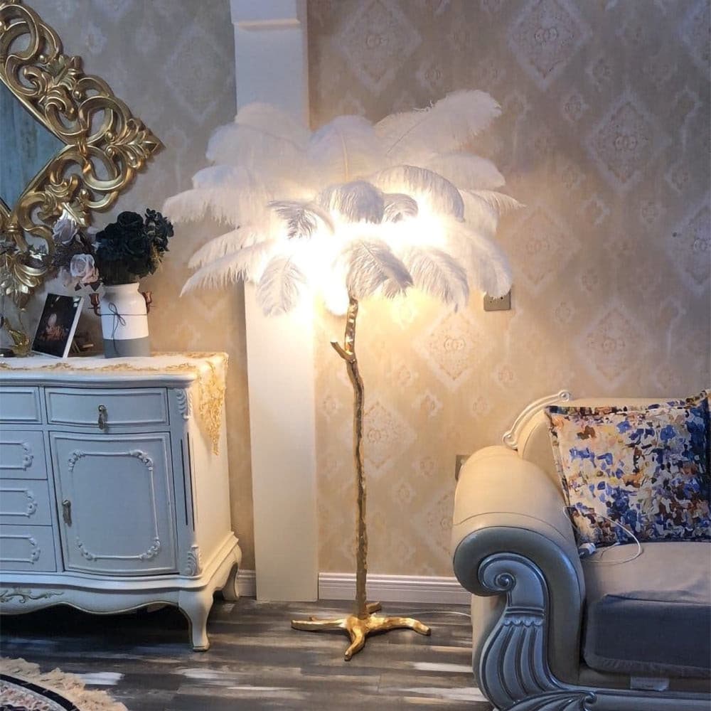 Ostrich Feather Brass Floor Lamp by Bling Lighting Studio