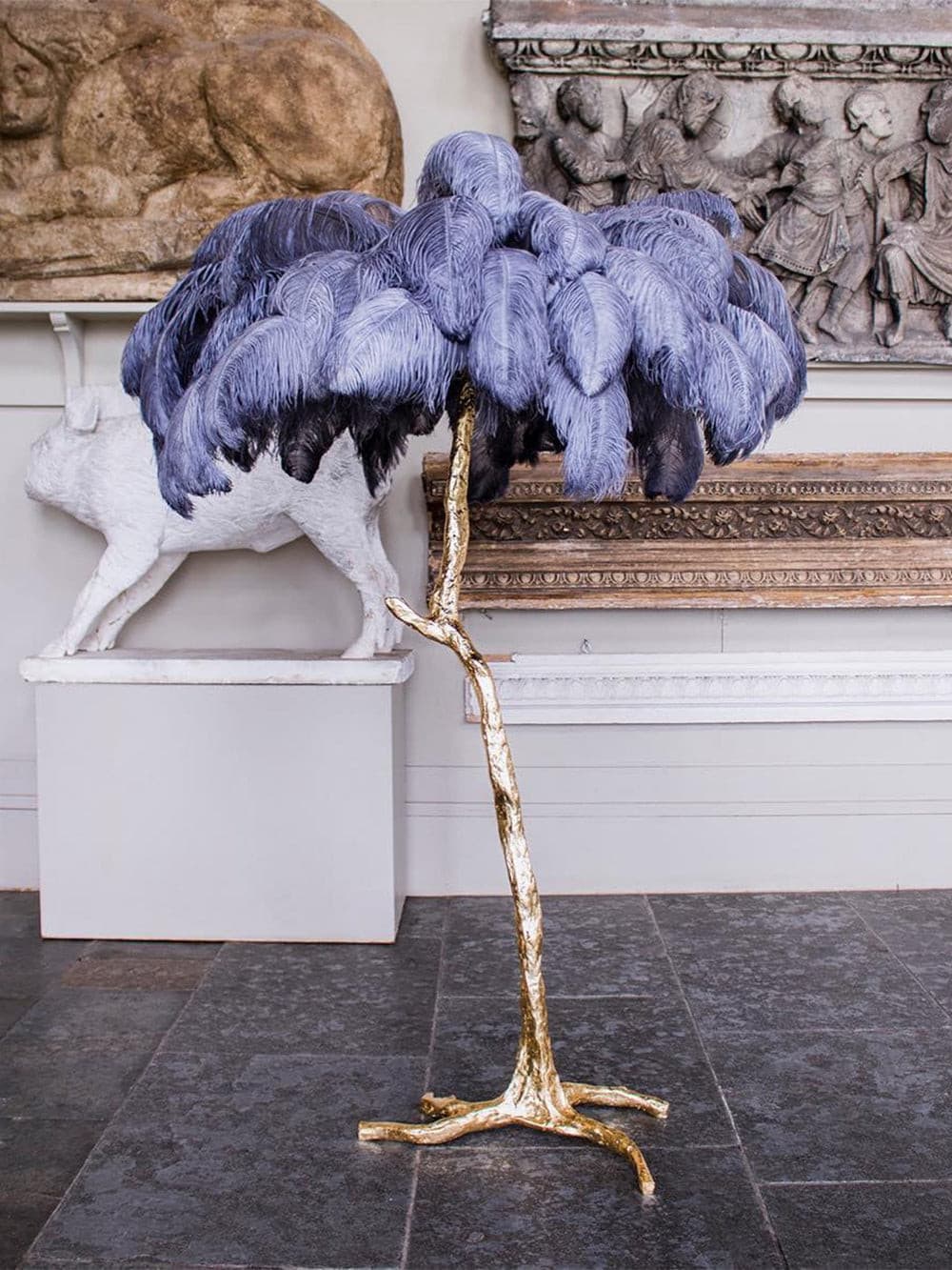 Ostrich Feather Brass Floor Lamp by Bling Lighting Studio