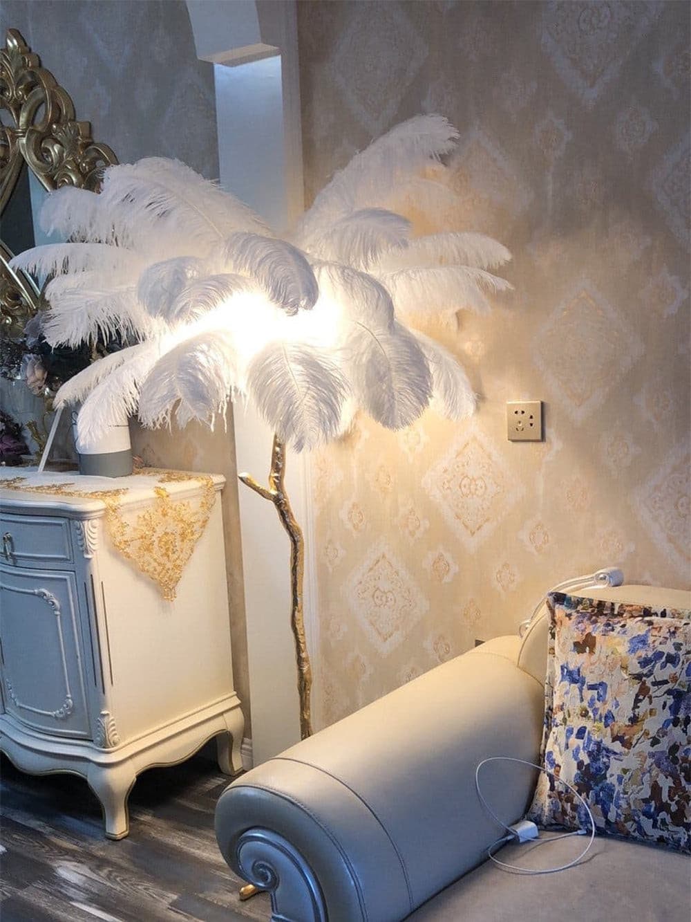 Ostrich Feather Brass Floor Lamp by Bling Lighting Studio