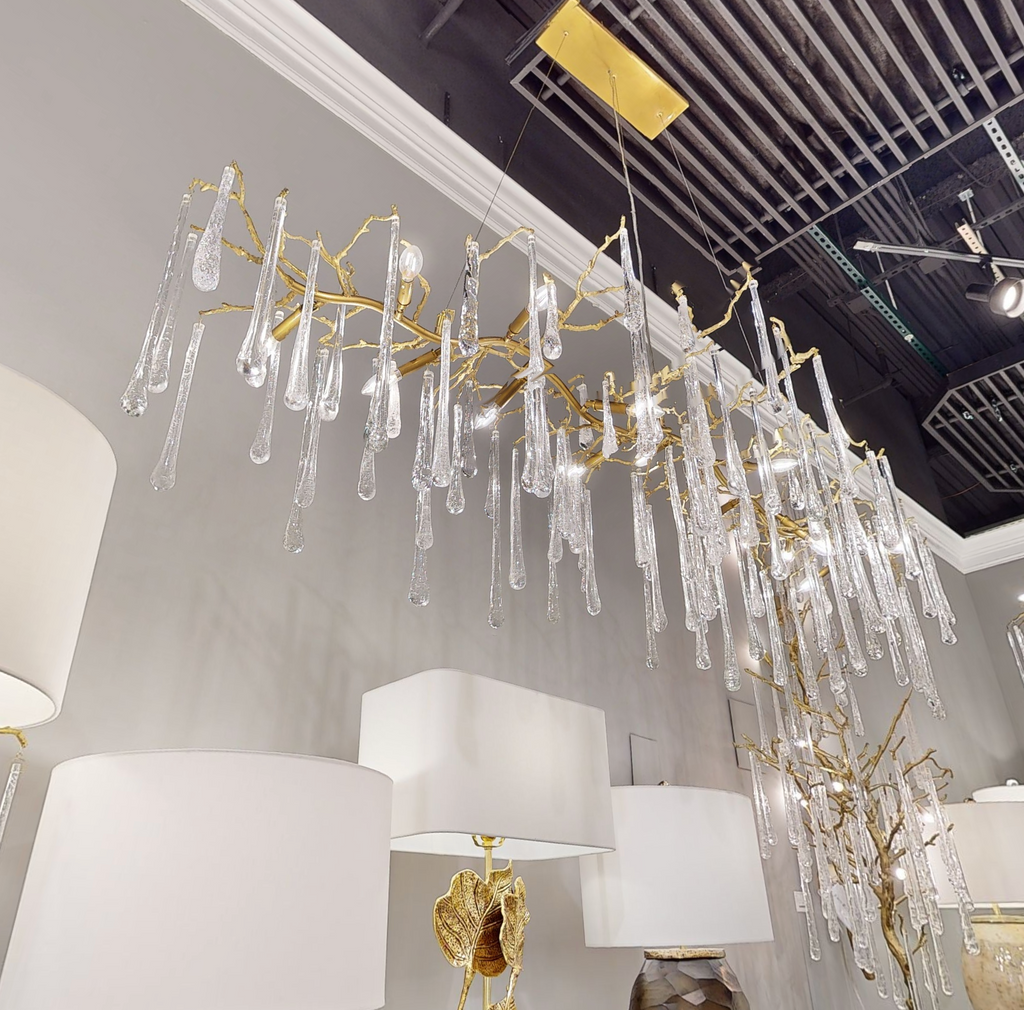 Teardrop Crystal Chandelier with Brass Branch 84" W by Bling Lighting Studio