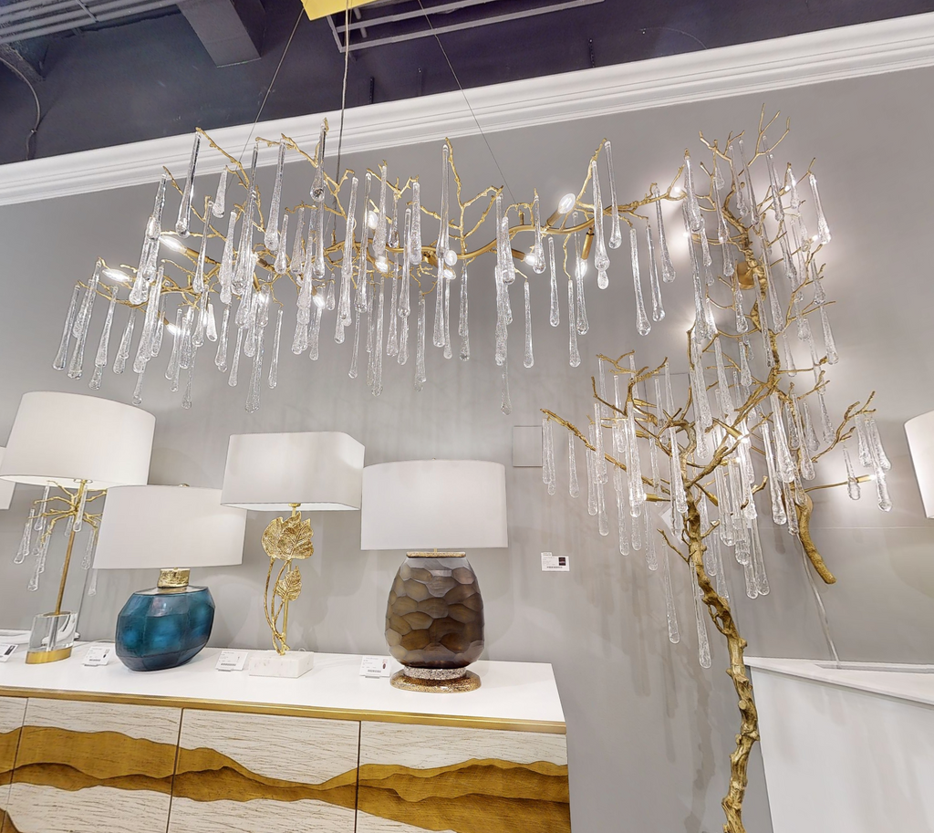 Teardrop Crystal Chandelier with Brass Branch 84" W by Bling Lighting Studio