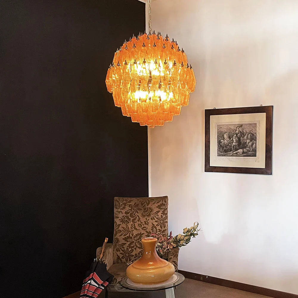 Spherical Murano Poliedri Amber Glass Chandelier detail view