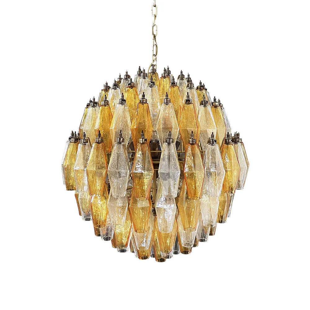 Spherical Murano Poliedri Amber Transparent Glass Chandelier by Bling Lighting Studio