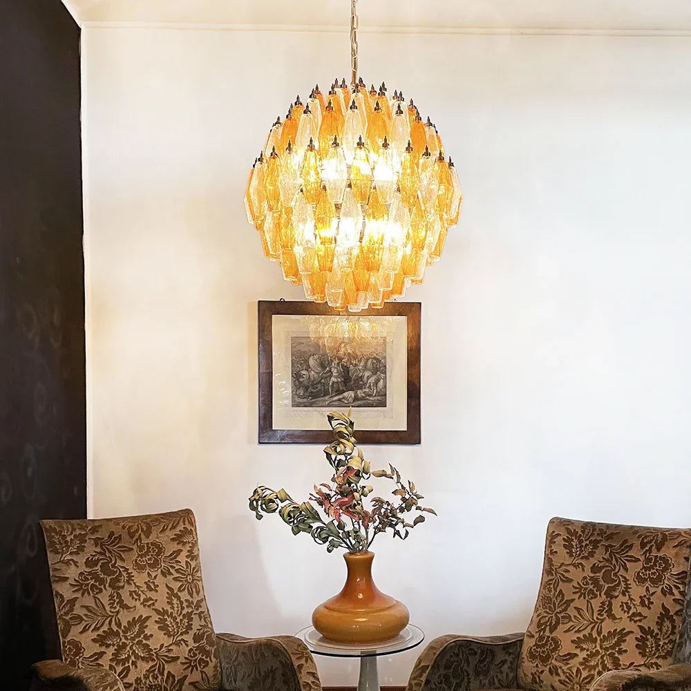 Spherical Murano Poliedri Amber Transparent Glass Chandelier detail view