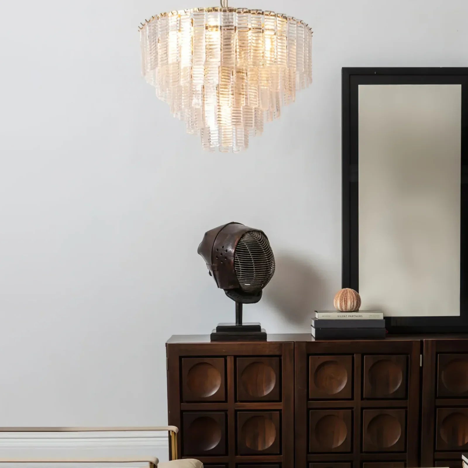 Transparent Ridged Glass Rectangle Chandelier detail view
