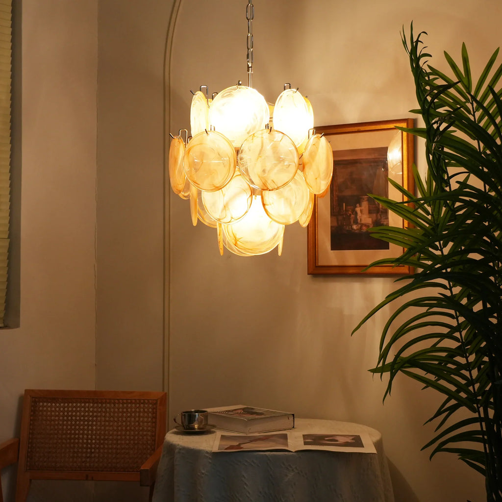 Vintage Murano Gold Glass Disks Chandelier detail view
