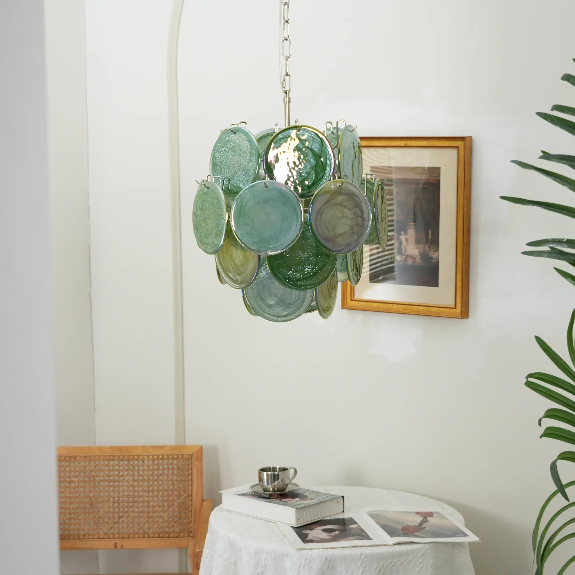 Vintage Murano Green Glass Disks Chandelier material and finish detail