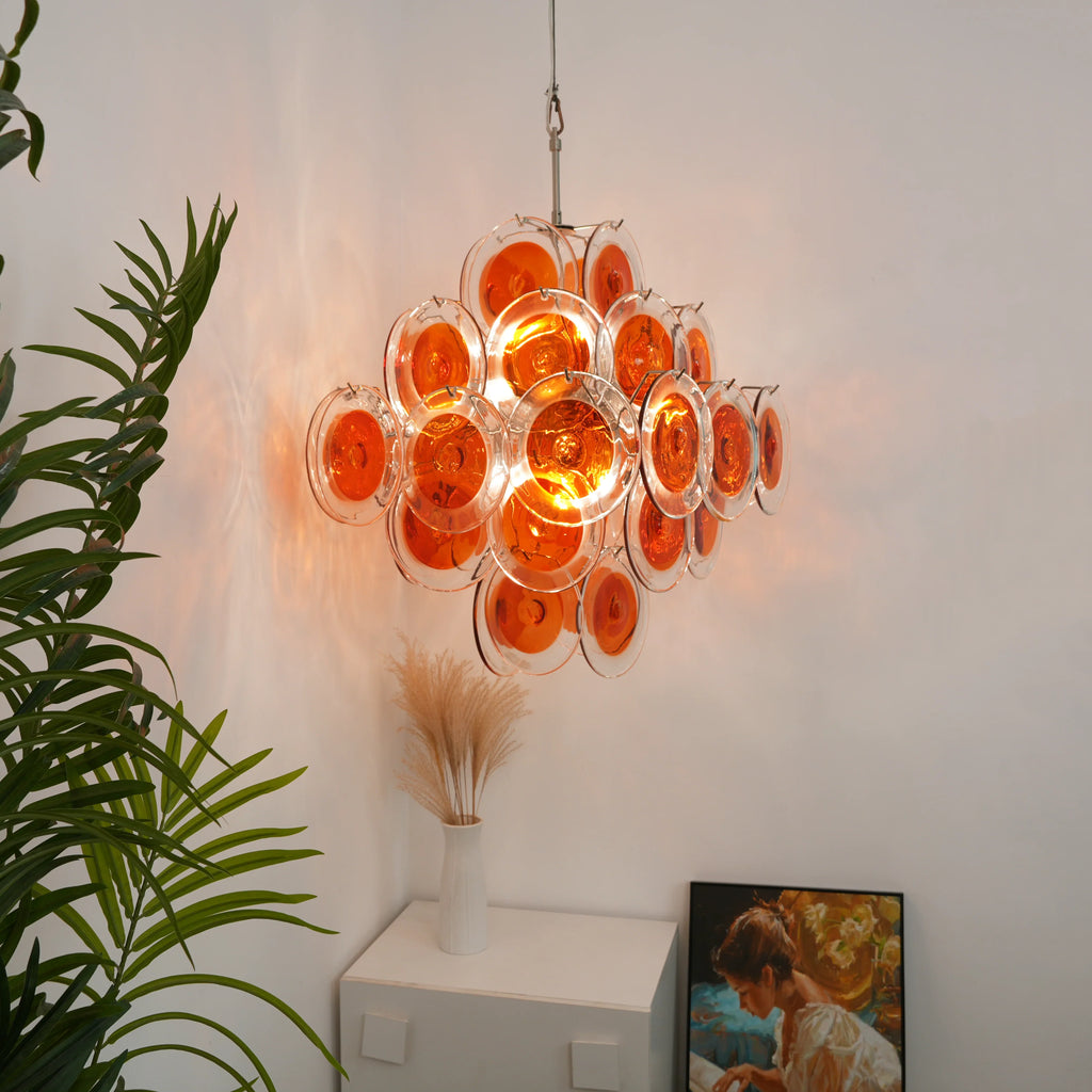 Vintage Murano Orange Brown Transparent Disc Chandelier detail view