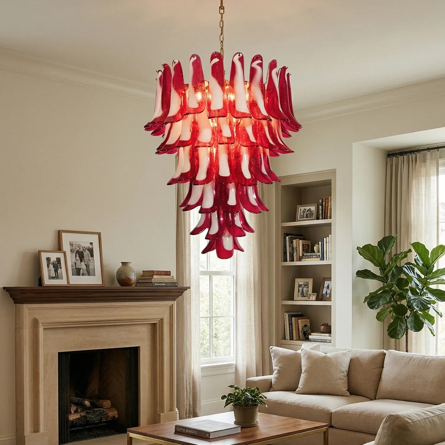 Vintage Murano Red Glass Petals Chandelier detail view