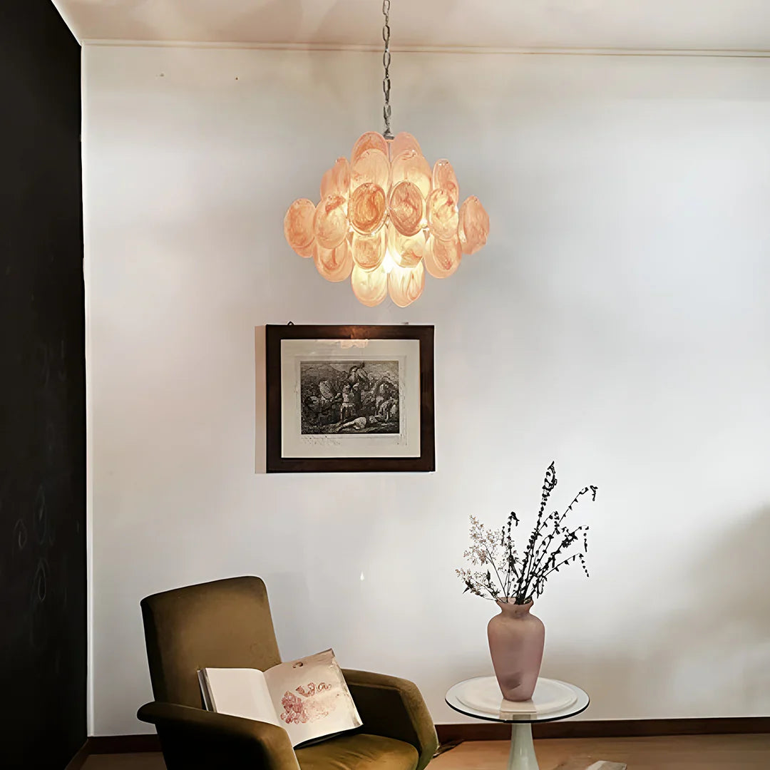 Vintage Murano Pink Disks Chandelier detail view