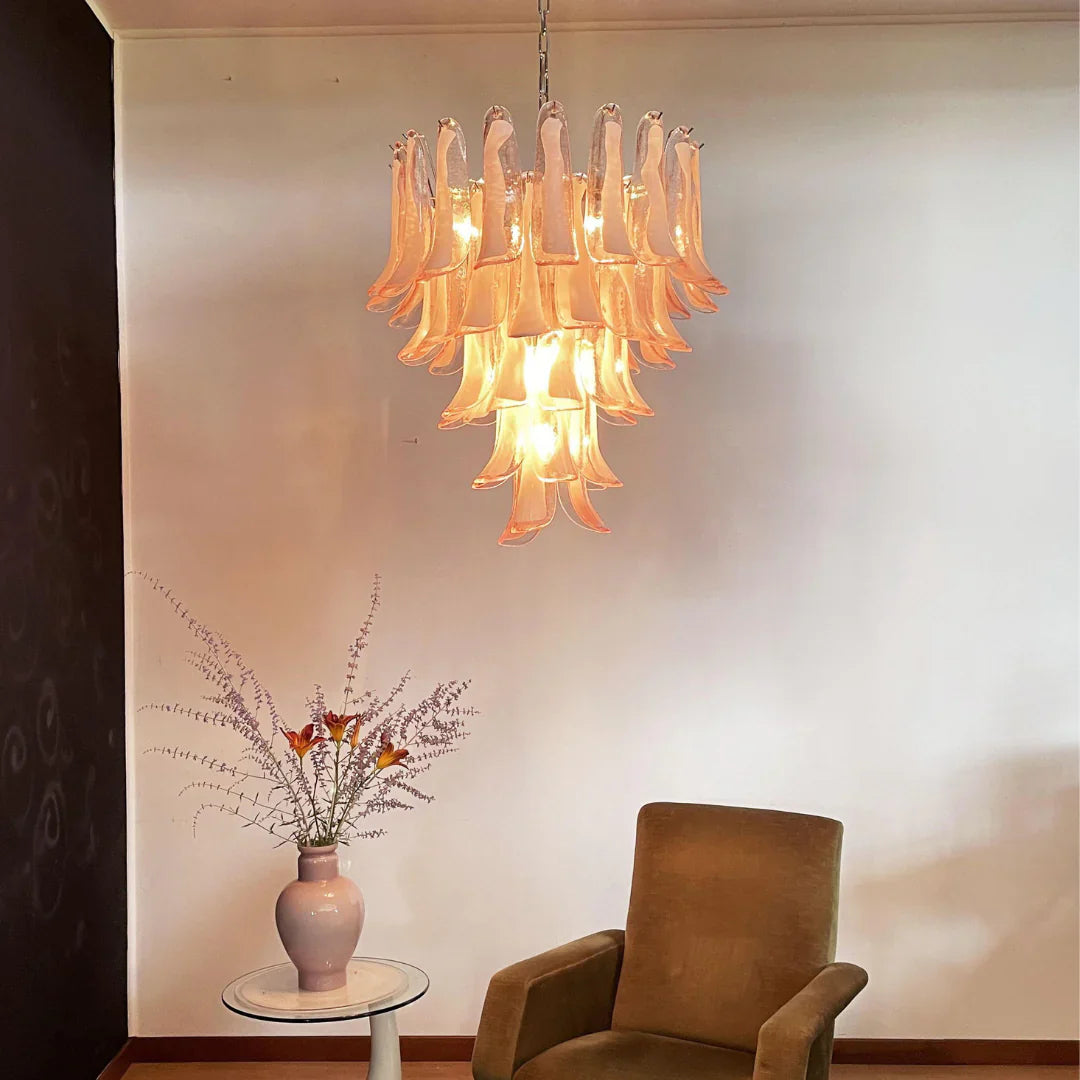 Vintage Pink Murano Glass Petals Chandelier detail view