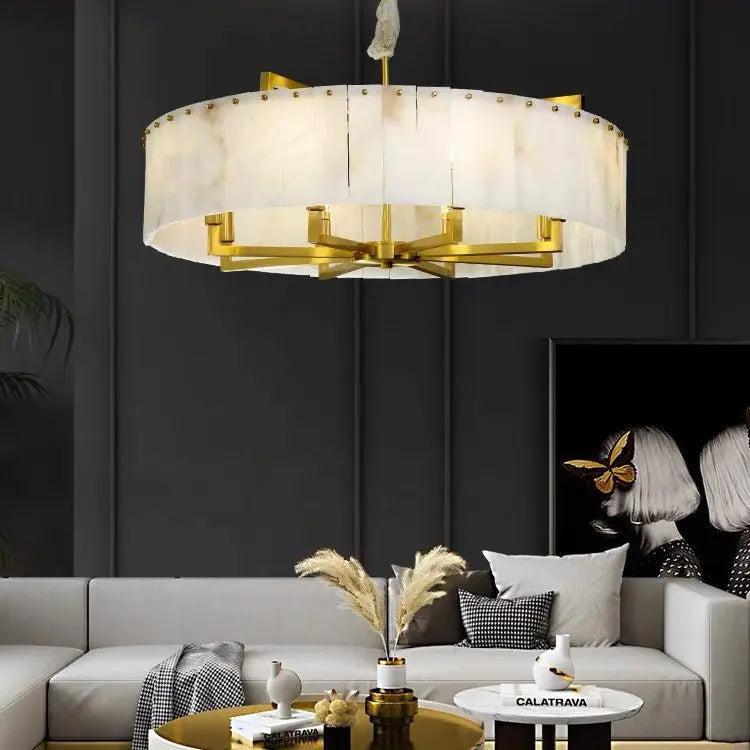 Alabaster Flake Brass Round Chandelier Lighting by Bling Lighting Studio