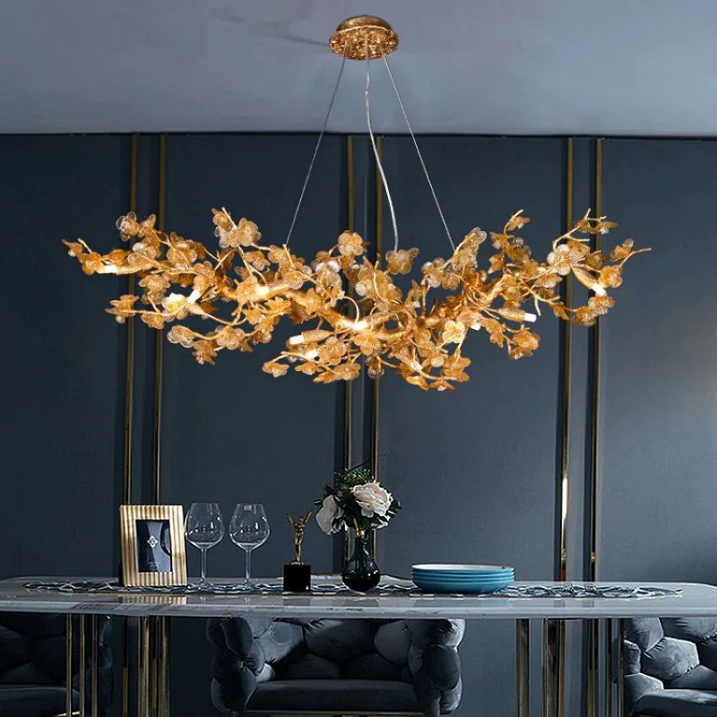Branch Modern Leaf Linear Gold Brass Chandelier by Bling Lighting Studio