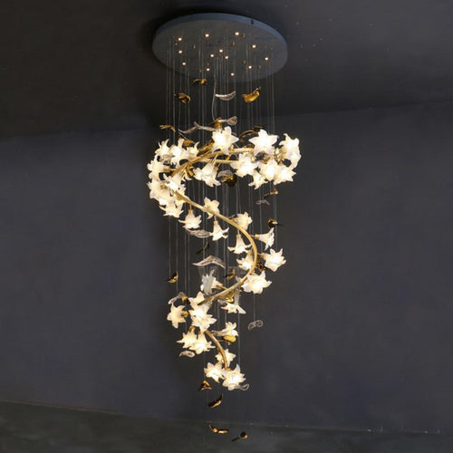 Ceramic Flower Chandelier in Artistic Brass Branch Design by Bling Lighting Studio