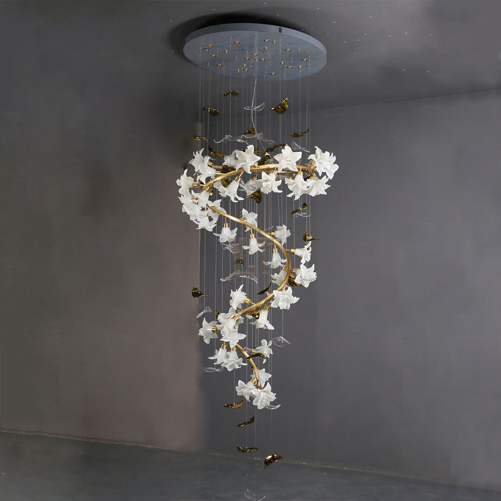 Ceramic Flower Chandelier in Artistic Brass Branch Design by Bling Lighting Studio