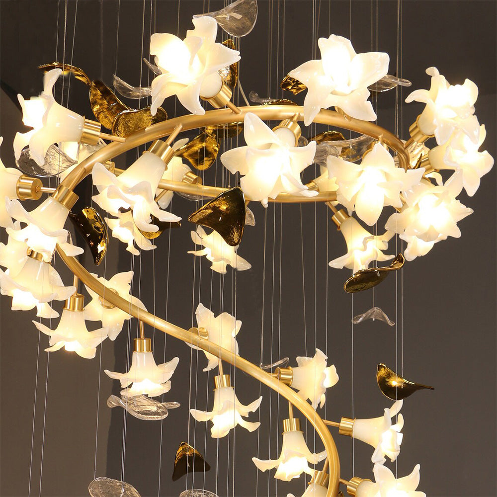 Ceramic Flower Chandelier in Artistic Brass Branch Design by Bling Lighting Studio