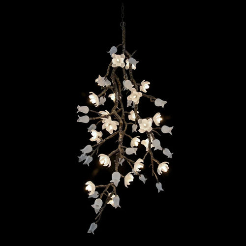 Churippu Branch Magnolia & Tulip Glass Bronze Vertical Twenty-One Light Chandelier by Bling Lighting Studio