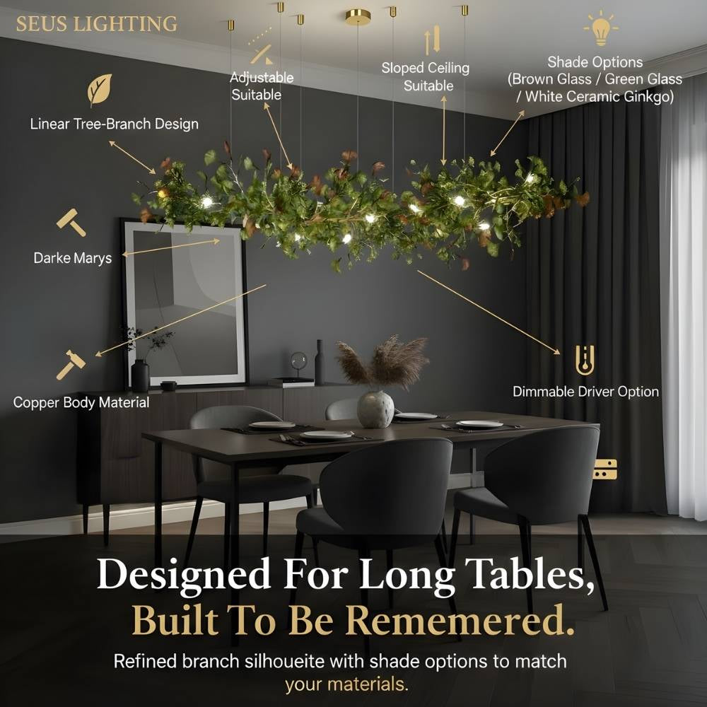 Collar Branch Glass Leaf Linear Chandelier by Bling Lighting Studio