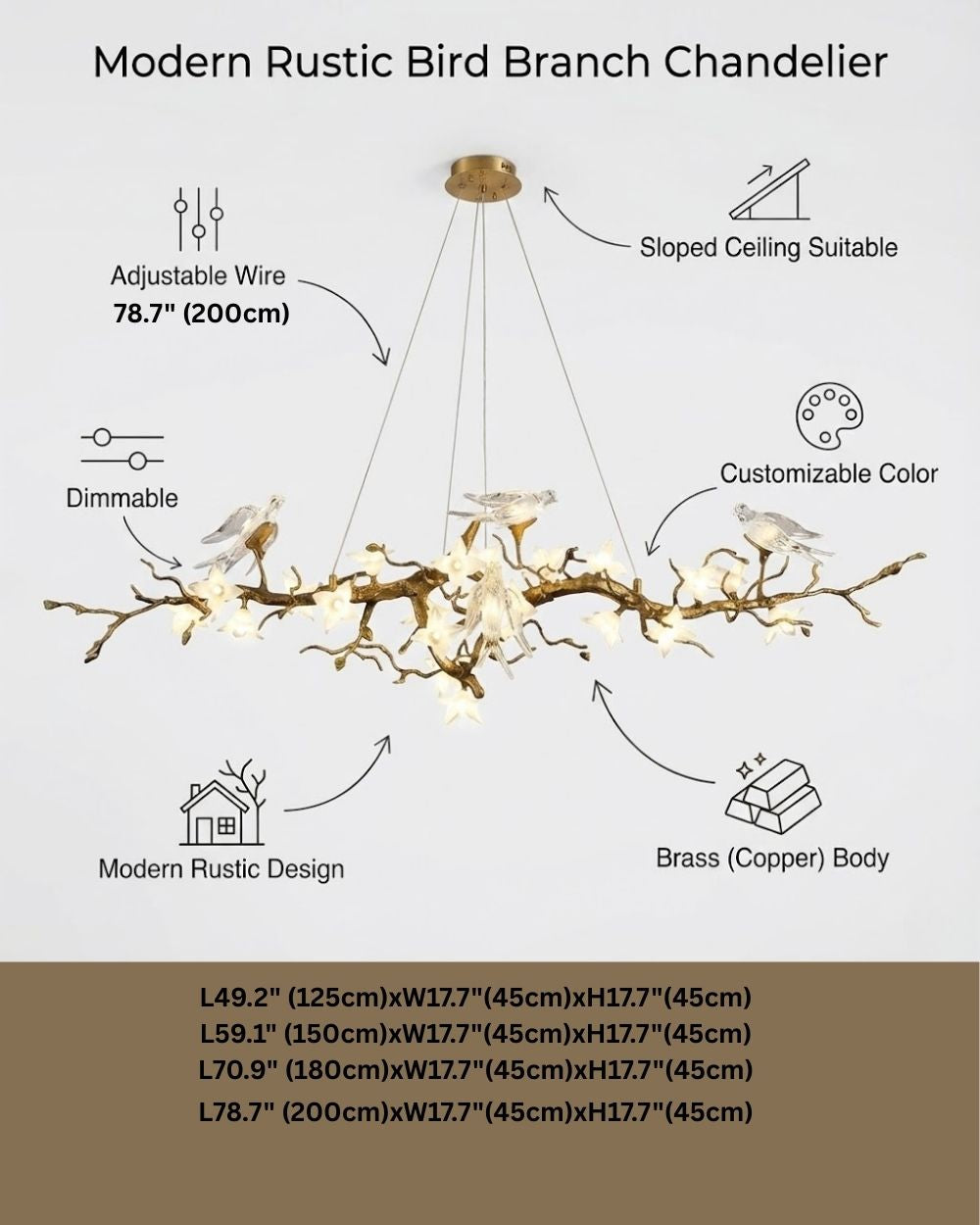 Crissy Branch Brass Bird Branch Linear Chandelier by Bling Lighting Studio