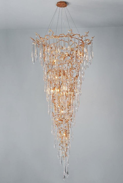 Ciecherella : Crystal Droplet Branch Staircase Chandelier - Modern Copper Chandelier - Designer Lamp