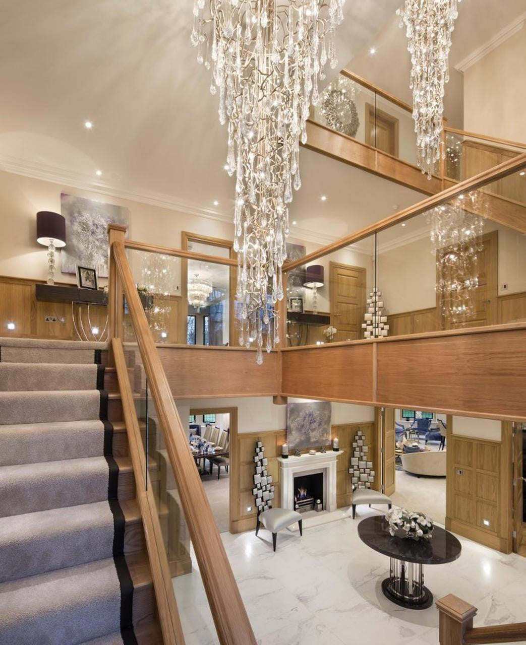 Ciecherella : Crystal Droplet Branch Staircase Chandelier - Modern Copper Chandelier - Designer Lamp