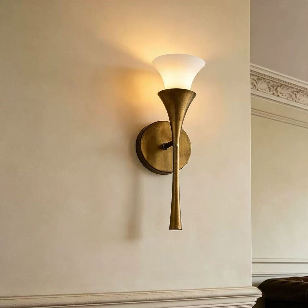 Antique Brass Double Cone Glass Wall Sconce