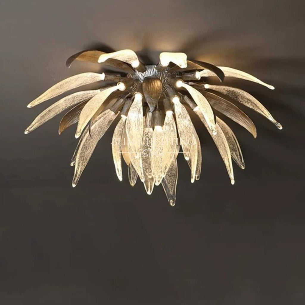 Dandelion flush mount ceiling light lit glass petal detail