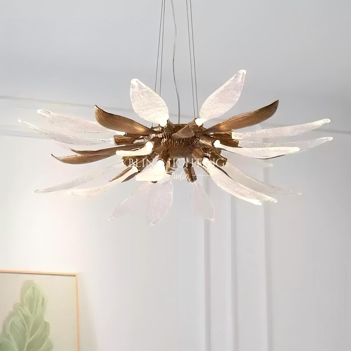 Dandelion linear chandelier in a bright white interior scene