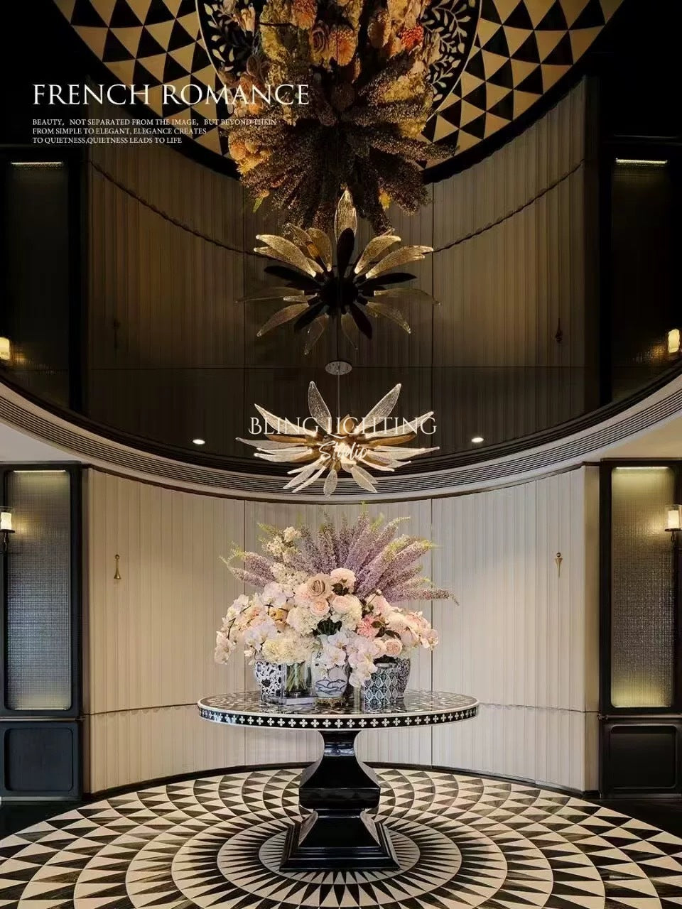 Dandelion multi-tier glass chandelier installation in a hotel lobby