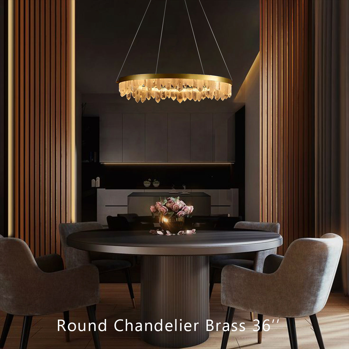 Designer 36 Inch Round Modern Chandelier Brass & Clear Geode Quartz Crystal Hanging Light material and finish detail