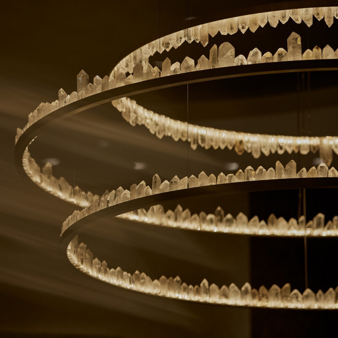 Designer 36 Inch Round Modern Chandelier Brass & Clear Geode Quartz Crystal Hanging Light product image