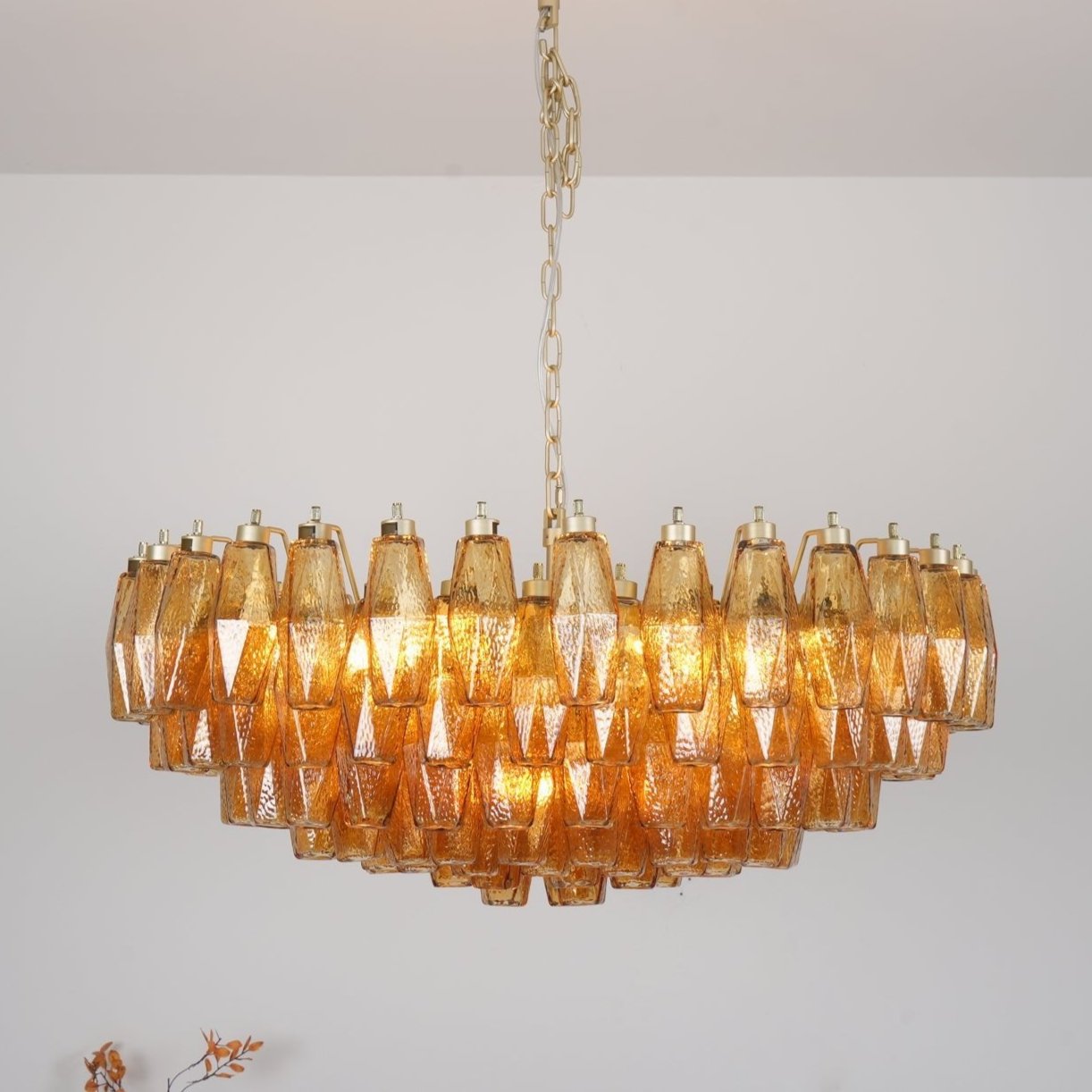 Designer Murano Rhombus Amber Poliedri Glass Chandelier detail view