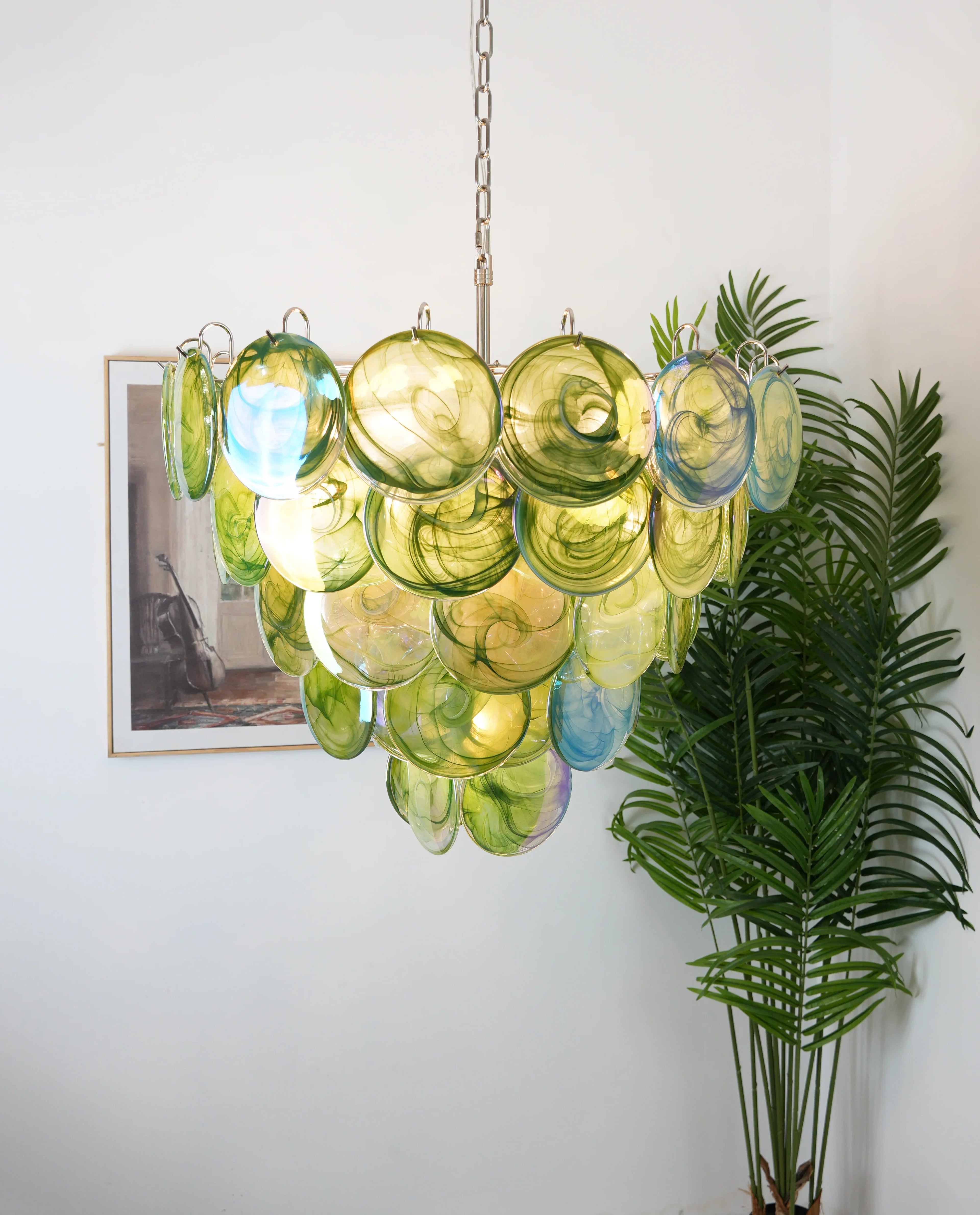 Elegant Green Murano Disc Chandelier material and finish detail