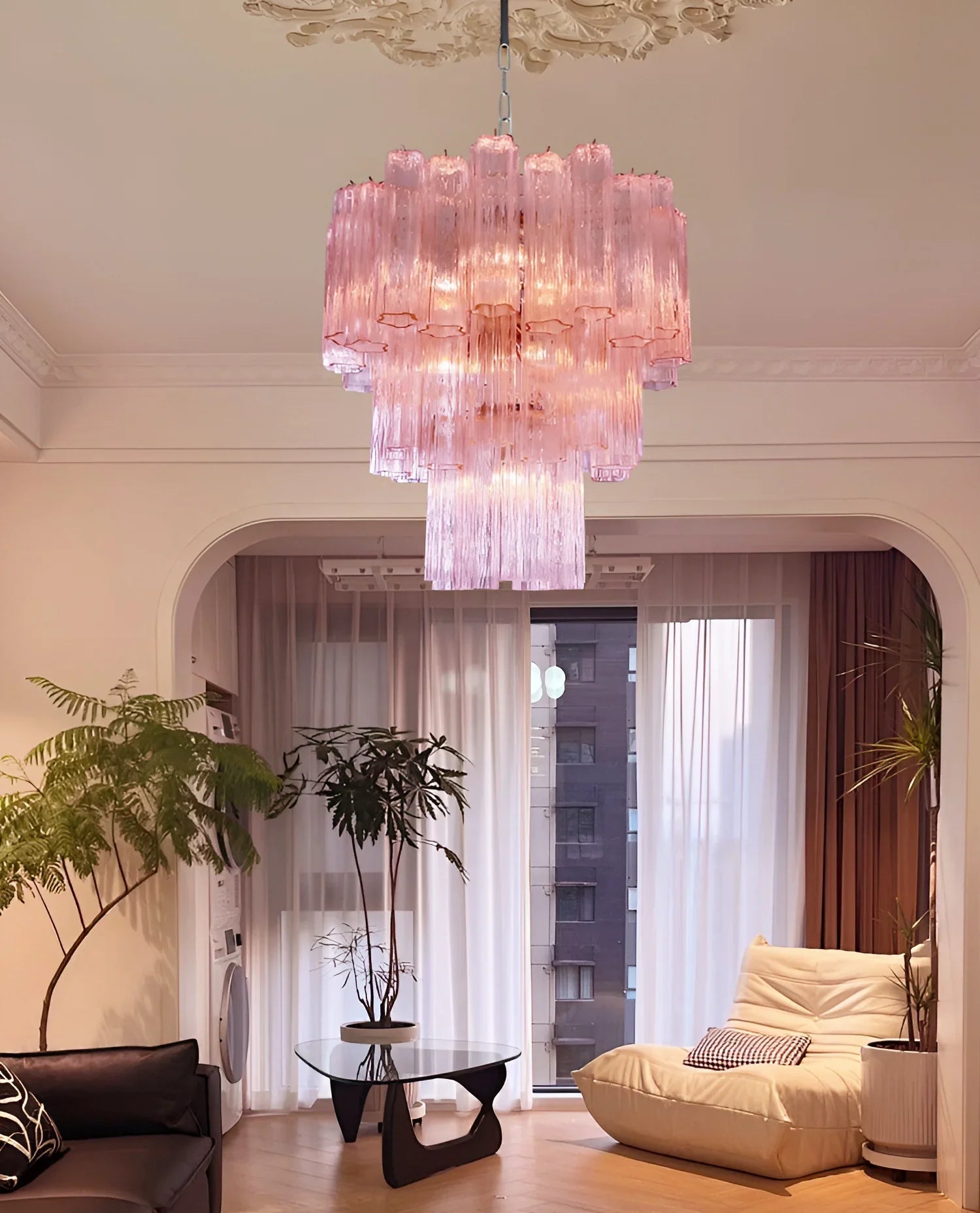 Elegant Pink Murano Glass Tube Chandelier material and finish detail