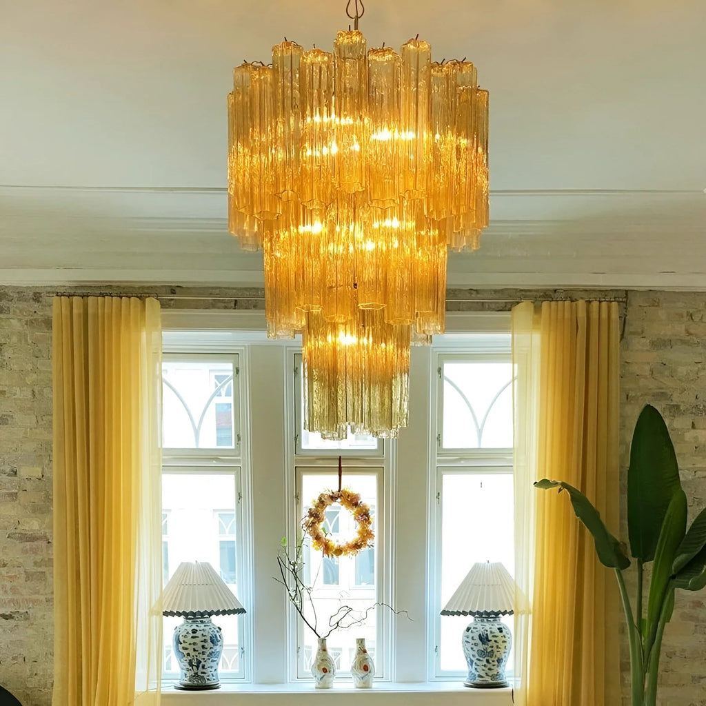 Elegant Yellow Murano Glass Tube Chandelier material and finish detail
