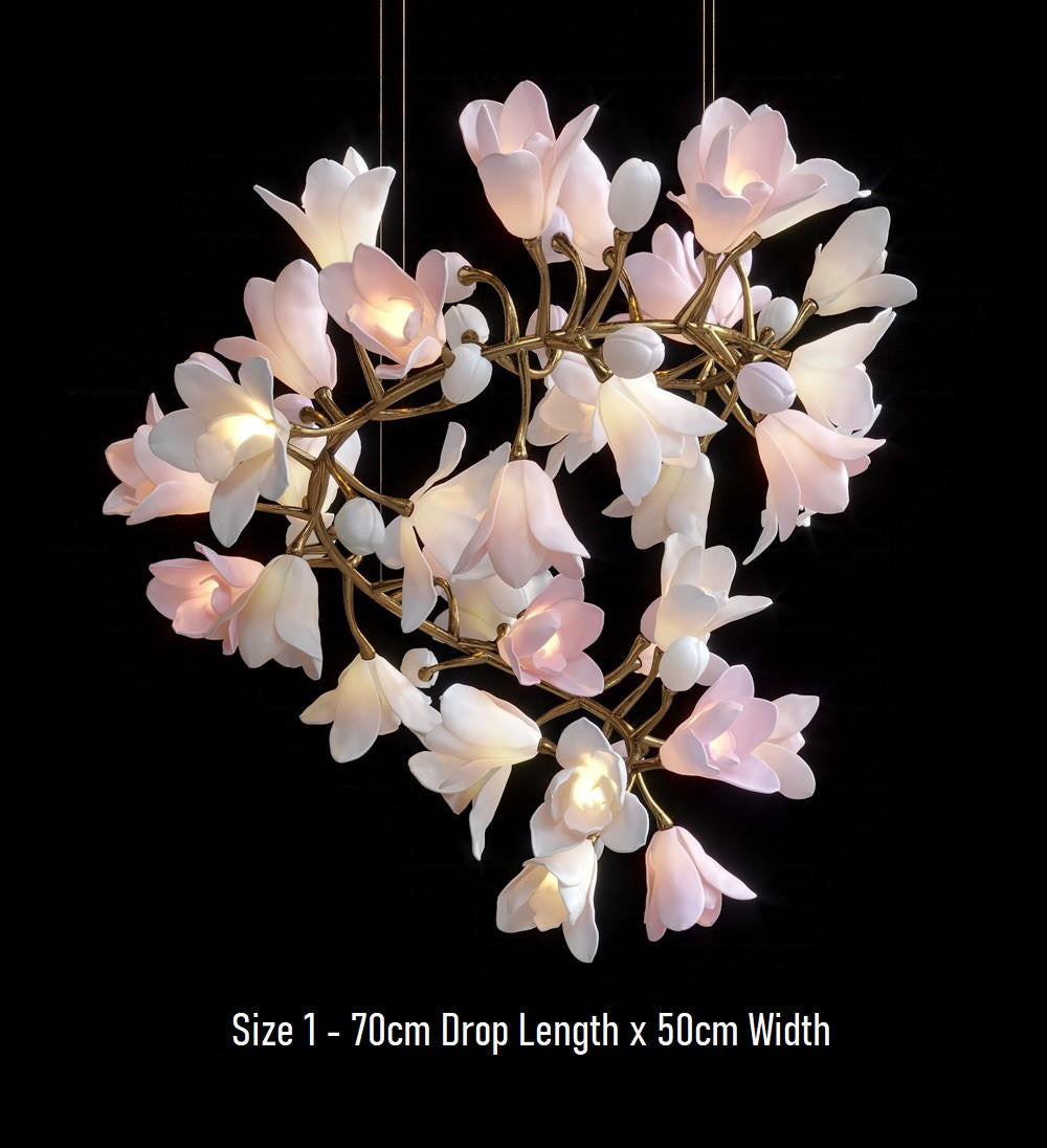 Calliope: Branching Tulip Lighting - Porcelain Flower Chandelier - Light Pink And White Ceramic Chandelier Lighting