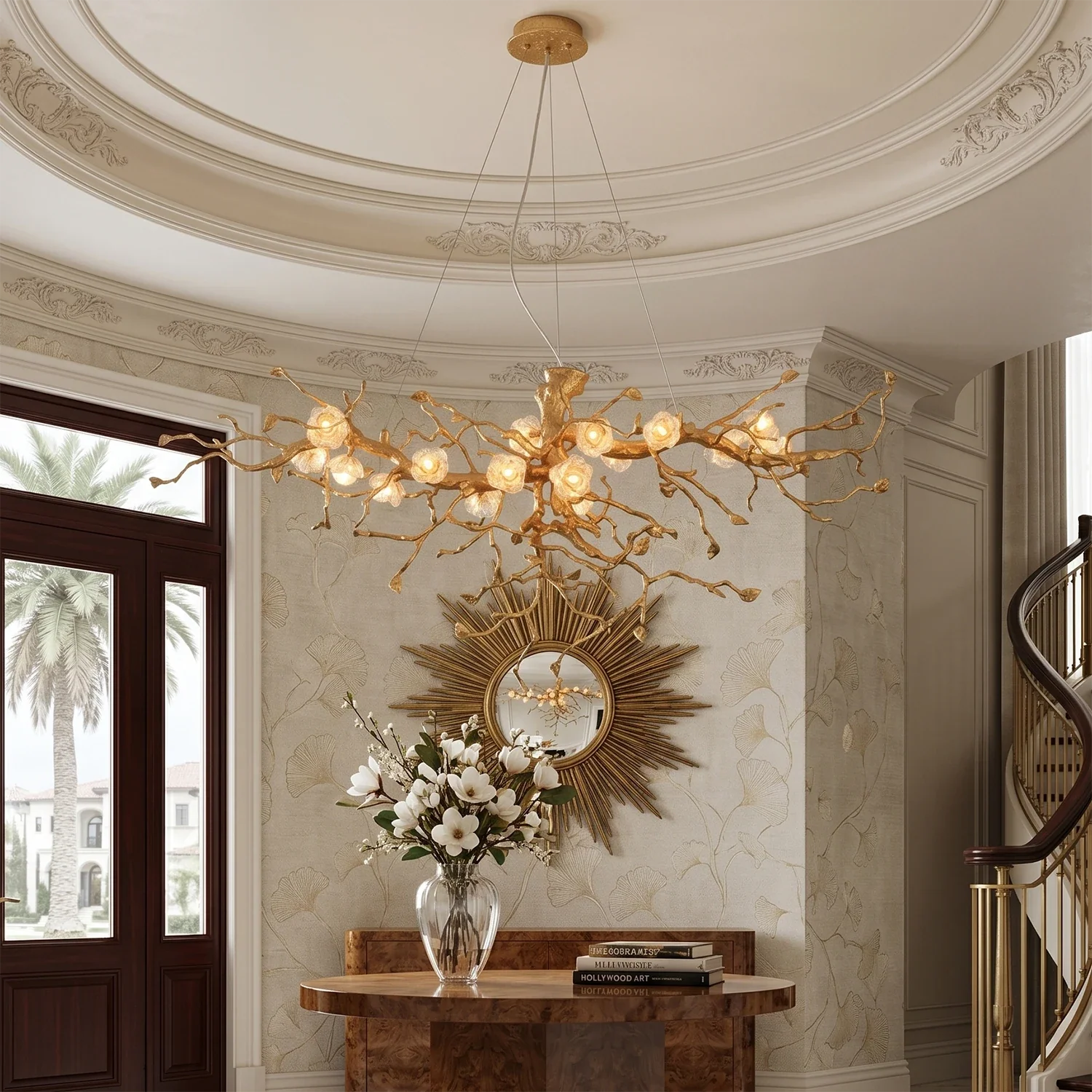 Golden Tree Branch Glass Flower Chandelier by Bling Lighting Studio