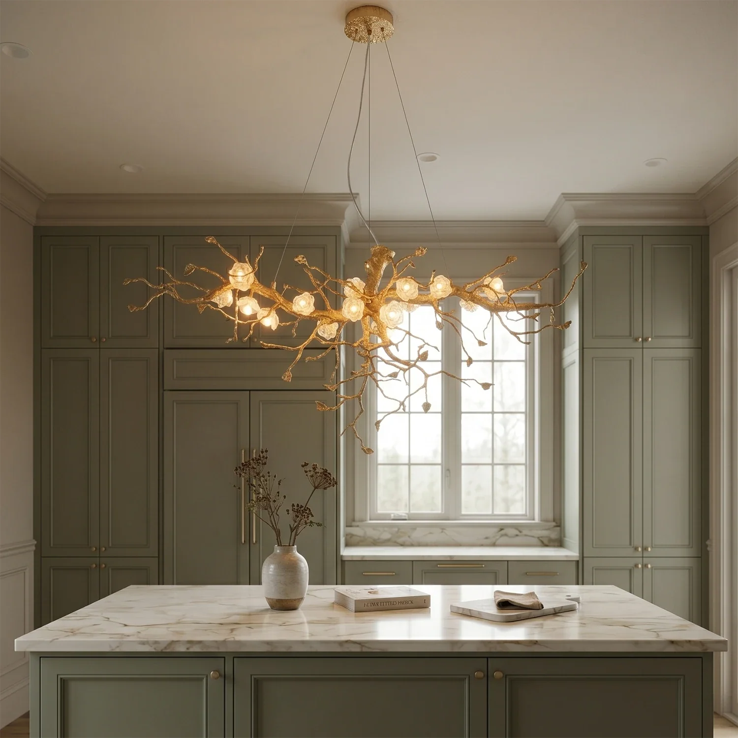 Golden Tree Branch Glass Flower Chandelier by Bling Lighting Studio